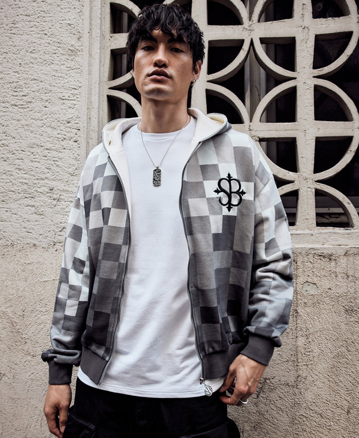 Saint Bones Pixel Grayscale Zip-Up Hoodie