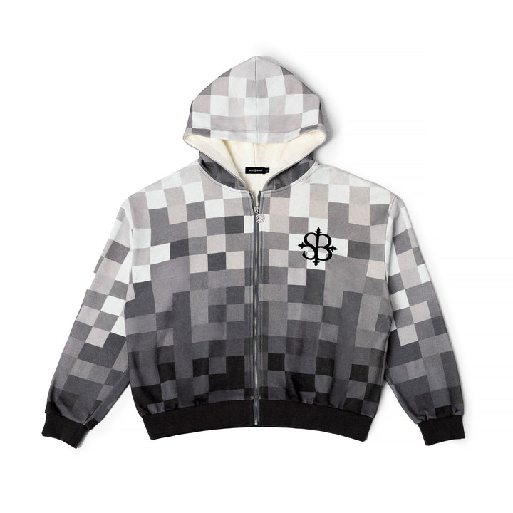 Saint Bones Pixel Grayscale Zip-Up Hoodie